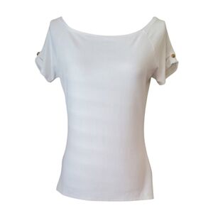 White House Black Market White Short Sleeve Boat Neck Top Button Details Size M